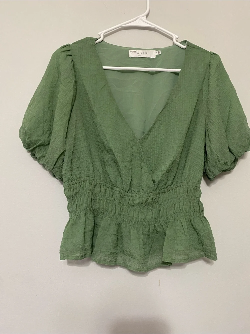 Astr Sage Green Smocked V-Neck Peplum Blouse